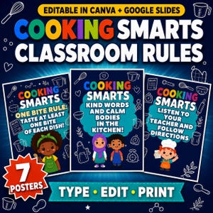 May include: A set of seven editable classroom posters titled Cooking Smarts Classroom Rules. The dark blue posters feature white line art of kitchen tools, colorful text, and illustrations of children in aprons. Includes text for Canva and Google Slides.