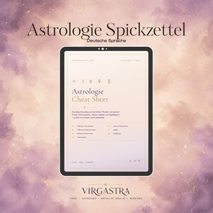 Op de afbeelding: Een digitale tablet met een astrologie-spiekbriefje in het Duits. Het scherm toont de tekst 'Astrologie Cheat Sheet', planeetsymbolen en een lijst met acht secties. De merknaam 'VIRGASTRA' staat onderaan op het scherm.