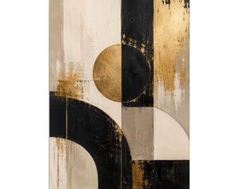 Impressão em tela abstrata em preto e dourado, arte geométrica moderna de luxo, decoração neutra.