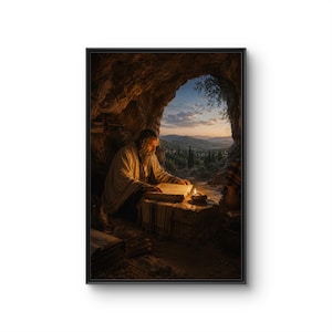 Könnte beinhalten: Ein gerahmter Wandkunstdruck, der eine bärtige Person in einem hellen Gewand zeigt, die in einer felsigen Höhle sitzt und bei Kerzenschein in einem großen, aufgeschlagenen Buch liest. Der Höhleneingang gibt den Blick auf eine Hügellandschaft frei.