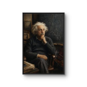 May include: A framed portrait painting of Albert Einstein with white hair and a mustache, wearing a dark gray sweater. He sits in a chair with his hand to his chin, positioned in front of a dark chalkboard covered in white mathematical equations.