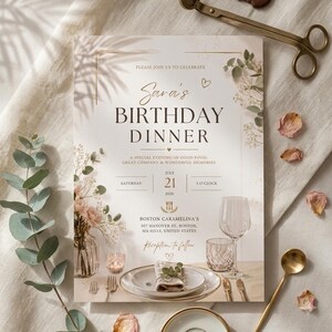 Elegante Einladungsvorlage für ein Geburtstagsessen, Einladung zur Geburtstagsfeier für Erwachsene, moderne Dinnerparty, bearbeitbare Canva-Einladung