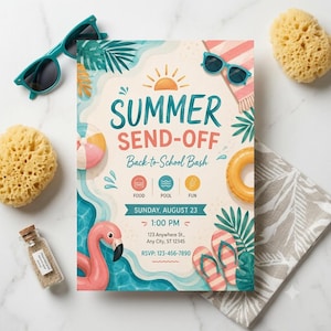 May include: A rectangular flyer titled Summer Send-Off Back-to-School Bash with illustrations of a pink flamingo, beach ball, yellow pool float, and flip-flops. The text includes event details for Sunday, August 23 at 1:00 PM at 123 Anywhere St.