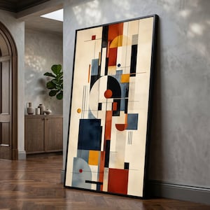 May include: A large rectangular wall art piece in a black frame featuring a geometric composition of circles, rectangles, and thin lines in shades of cream, deep blue, burnt orange, and black, arranged in a vertical, structured, and layered pattern.