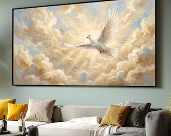 Leinwandbild „Fliegende weiße Taube“, Friedenssymbol, himmlischer Himmel mit Wolken, inspirierendes Vogelmotiv, Dekoration für Ihr Zuhause