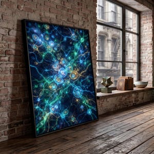 May include: A rectangular framed wall art piece featuring a vibrant abstract composition of glowing blue, green, and gold neural-like networks and circular cellular structures set against a deep dark background, displayed in a black frame.