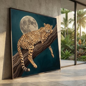 Sleeping Cheetah on Tree Branch Canvas, Full Moon Night Wall Art, Wildlife Animal Painting, Nature Home Decoration, Safari Animal Canvas