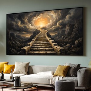 Ascending Stone Stairway Canvas, Mystical Pathway Wall Art, Dramatic Clouds Landscape, Spiritual Journey Canvas, Home Decor Artwork