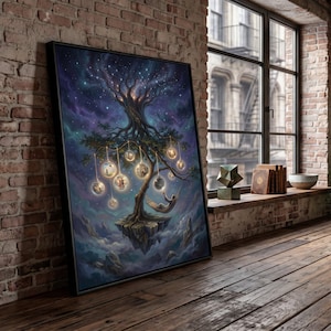 May include: A framed wall art print depicting a surreal scene of a tree floating on a rock island above clouds. The tree branches hold glowing glass orbs containing miniature scenes, and a person rests in a hammock suspended from the tree.