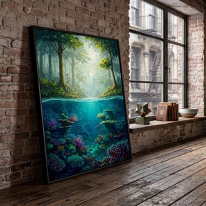 May include: A framed rectangular wall art print featuring a split-view composition. The upper half displays a lush green forest with tall trees and soft sunlight, while the lower half depicts a vibrant underwater coral reef with colourful marine life.