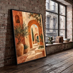 Mediterranean Courtyard Scene Canvas, Archway Wall Art, Rustic Pottery Canvas, Terracotta and Greenery Decoration, Tuscan Style Home Art