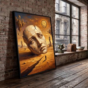 May include: A framed rectangular wall art piece featuring a surrealist painting of a large, cracked, stone-like human face resting on a barren, orange-toned desert landscape with a melting clock, floating ruins, and a small lone figure.