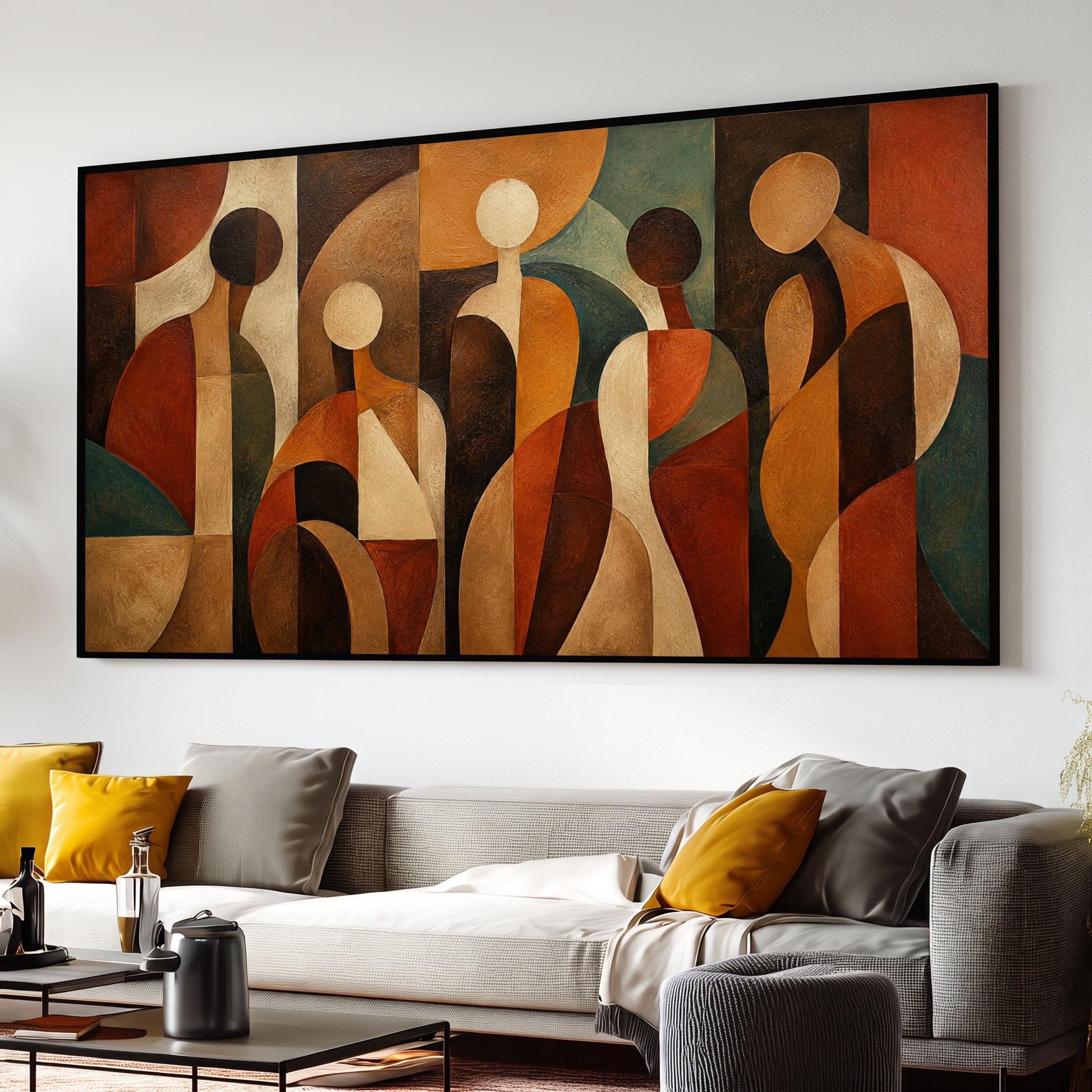 Mid Century Abstract Figures Canvas, Retro Geometric Wall Art, Vintage Style Modern Decor, Earth Tone Canvas Painting, Artistic Home