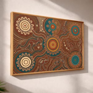 May include: A rectangular framed wall art piece featuring an intricate dot painting design. The artwork displays circular sun-like motifs in shades of teal, orange, and cream, interspersed with silhouettes of kangaroos and emus on a brown background.