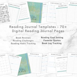 May include: A collection of digital reading journal templates featuring over 70 pages. The set includes layouts for book reviews, reading challenges, habit tracking, goal setting, favorite quotes, and book logs, with text reading Reading Journal.