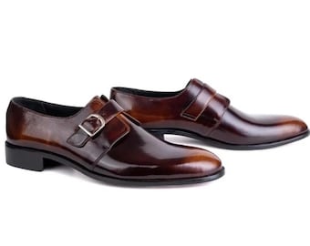 Chaussures à brides articulées faites main en cuir marron foncé – Chaussures habillées, mariage, affaires pour hommes