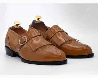 Men’s tan kiltie monk strap shoes, patent leather & suede brogues