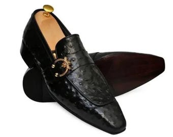 Handmade Black Ostrich Leather Loafers for Men, Luxury Italian Style Dress Shoes