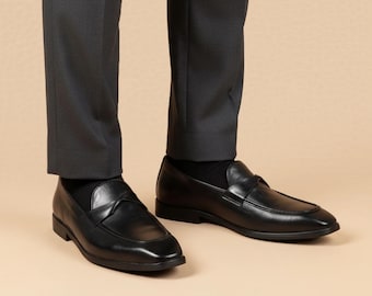 Handmade Black Leather Penny Loafers for Men Formal Slip On Dress Shoes wedding shoes