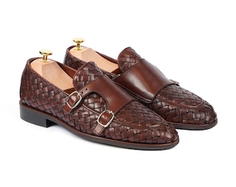 Zapatos de vestir de lujo para hombre, hechos a mano, de cuero marrón tejido con doble hebilla.