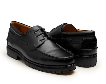 Herren Schwarz Leder Moc Square Toe Oxford Derby Schuhe