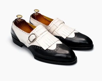 Two tone leather wingtip oxford for men, fringe buckle, handmade dress shoes
