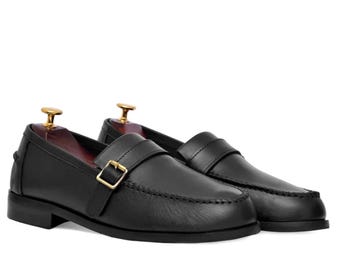 Handmade leather loafers for men, black buckle, dress casual