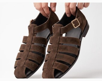 Handmade Men's Brown Suede Fisherman Sandals Leather Buckle Summer Shoes