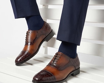 Men's Brown Crocodile Embossed Oxford Shoes, Two Tone Leather Dress Footwear, Luxury Formal Lace Up