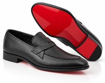 Handmade Black Leather Penny Loafers for Men – Classic Elegant Slip-On Dress Shoes