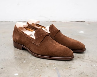 Handmade Brown Suede Penny Loafers – Elegant Slip-On Dress Shoes