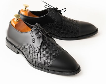 Men’s handmade black woven leather oxford shoes, cap toe dress shoes, Gift for Him