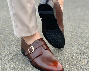 Zapatos de vestir formales con correa de monje de cuero marrón hechos a mano para hombre, zapatos de boda