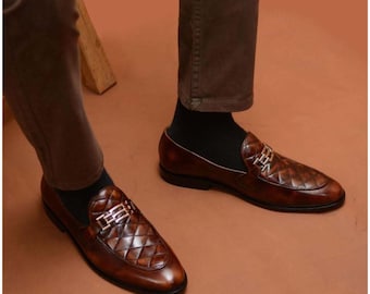 Brown leather loafers for men, quilted slip-on dress shoes, handcrafted wedding shoes