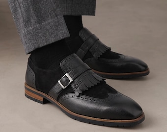 Scarpe da uomo in pelle nera modello Kiltie con fibbia, calzature eleganti brogue, scarpe formali da lavoro