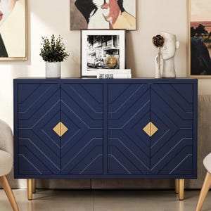 Modern Accent Cabinet, Embossed Doors, Gold Accents, Storage Console