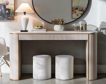 Fluted Console Table, Faux Marble Top, Dark Walnut Hallway Table