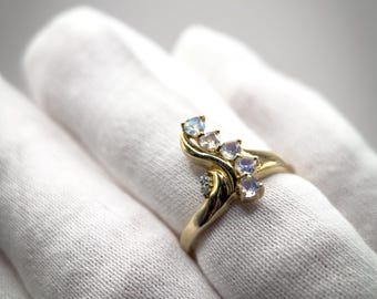 Gold Plated 925 Sterling Silver Blue Sheen Moonstone Ring | White Zircon Accents | Size 6