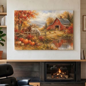 Puede incluir: Una impresión de arte mural rectangular que representa un paisaje rural otoñal con un granero rojo, un caballo marrón y un caballo blanco junto a una valla de madera. El primer plano muestra calabazas naranjas, follaje otoñal y un estanque.