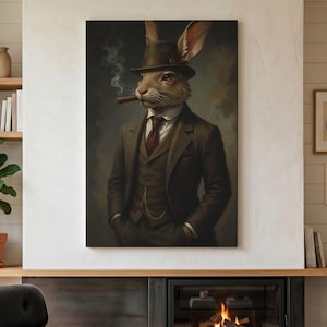 Leinwandbild „Gentleman-Hase“, Wandbild „Dapper Bunny“, viktorianisches Tierporträt, Druck „Rauchender Hase“, Dekoration im Stil der Dark Academia, Wandbild fürs Büro