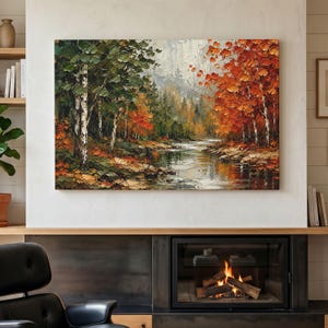 Autumn Forest River Canvas Print, Fall Landscape Wall Art, Textured Birch Tree Forest, Rustic Cabin Decor, Cozy Autumn Living Room Decor