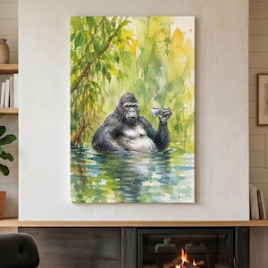 May include: A vertical watercolor painting depicting a gorilla sitting in water, holding a steaming teacup. The background features lush green and yellow foliage, with the gorilla's dark fur contrasting against the vibrant, watery environment.