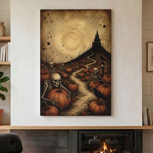 Spooky Pumpkin Patch Canvas Print, Gothic Castle Wall Art, Vintage Skeleton Halloween Decor, Dark Moody Autumn Artwork, Haunted House Decor