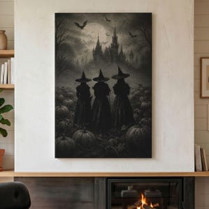 Gothic Witch Wall Art, Three Witches Canvas Print, Spooky Halloween Decor, Dark Moody Castle Art, Witchy Pumpkin Patch Aesthetic