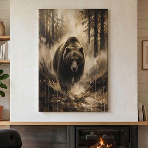 May include: A rectangular wall art print featuring a dark brown bear walking through a misty, sepia-toned forest. The artwork displays tall, vertical tree silhouettes and a textured, painterly effect with dripping paint details.