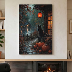 Quadro con gatto nero, stampa su tela con foresta autunnale, decorazioni autunnali spettrali, arte malinconica per una baita piovosa, accogliente paesaggio cottagecore, decorazioni murali di Halloween
