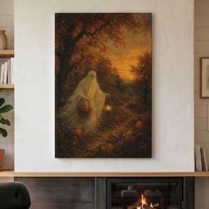 May include: A rectangular wall art print depicting a ghost draped in a white sheet walking along a forest path at sunset. The figure carries a woven basket and a glowing lantern. Orange pumpkins are scattered on the ground among autumn trees.