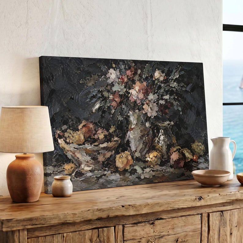 Dark Moody Floral Still Life Canvas Print, Vintage Fruit Vase Wall Art ...