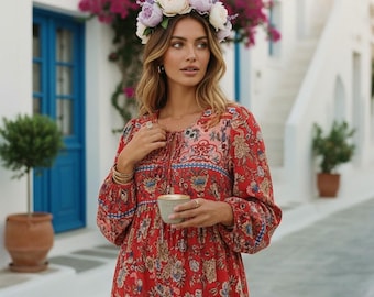 Bohemian Floral Maxi Dress with V-Neck Lace-Up — Long Sleeve Vintage Cottagecore Sundress, Coachella Boho Festival Outfit