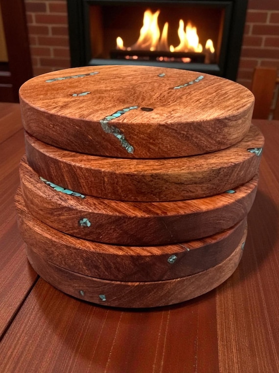 Mesquite Wood Coasters (5) With Real Turquoise Inlay XX402